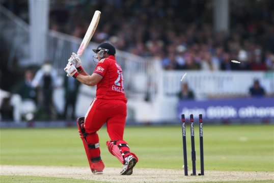 England survived a mid-session wobble to reach 227-9 from their 50-over allocation in the first one day international against New Zealand at Lord’s.