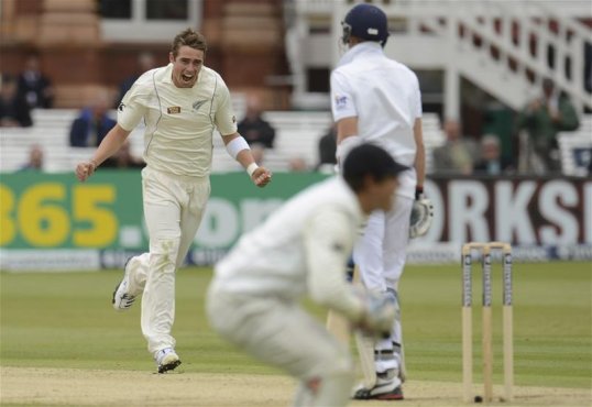New Zealand tore through England’s last line of top-order batting defence with four wickets in four overs to reduce the hosts to 201-8.