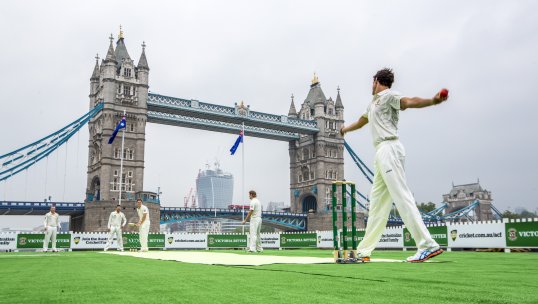 Australia launched the start of their Ashes campaign with a game of cricket on the Thames, over looked by Tower Bridge.