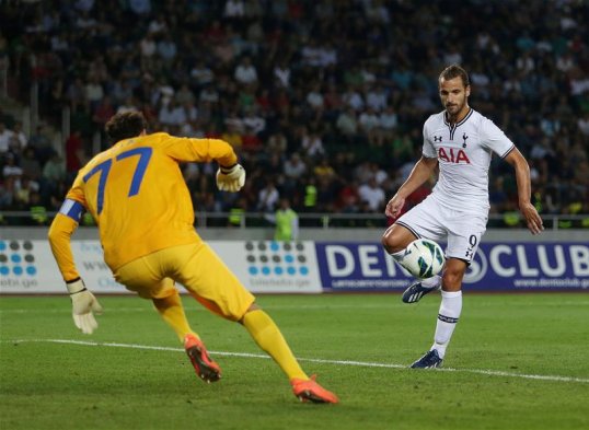 Tottenham Hotspur have all but secured their place in the Europa League proper after thrashing Dinamo Tbilisi in the first leg of the two sides' play-off in Georgia.