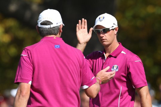 Johnson/Kuchar vs Colsaerts/Lawrie are level after seven holes.