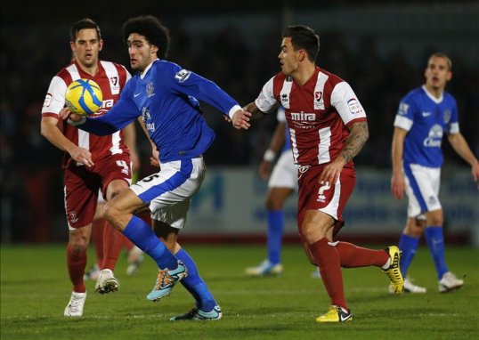 Everton’s Marouane Fellaini apologised to Cheltenham Town captain Alan Bennett for the penalty that was given to the Toffees in their 5-1 FA Cup win last night.