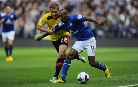 A late David Nugent goal gave Leicester City a precious play-off semi-final first-leg lead over Watford this evening.