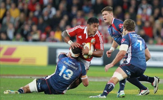 The Lions scored two tries in a good first half to lead the Melbourne Rebels 14-0 at the break in the match at AAMI Park in Melbourne.