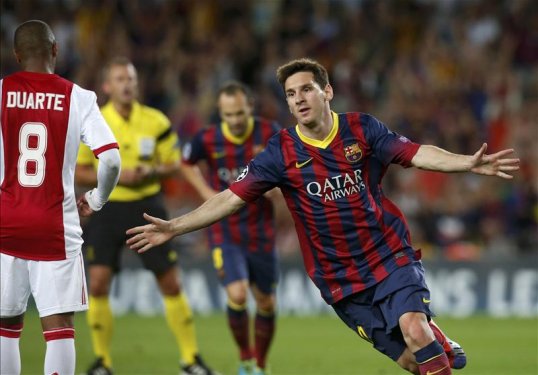 Lionel Messi continued his remarkable Champions League form with a fine free-kick to send his side into half-time with a 1-0 lead over Ajax.