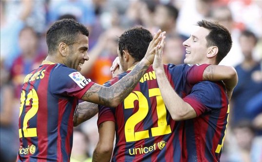 Barcelona ran riot over Levante in the opening half of their first game of the Primera Division season.