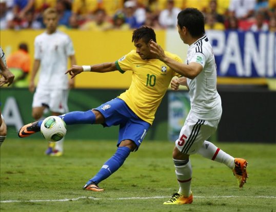 Brazil have the lead against Japan in the opening game of the Confederations Cup thanks to a wonderful strike from Neymar.