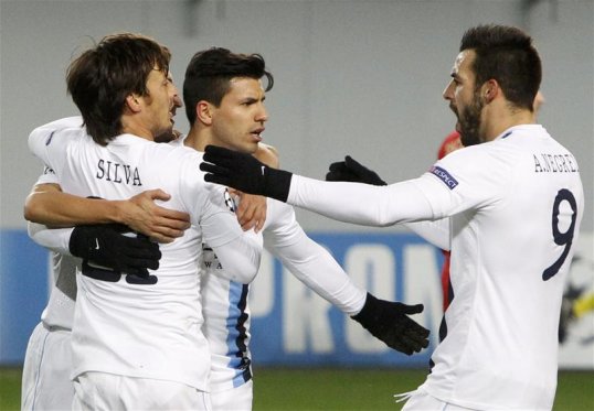Manchester City lead CSKA Moscow 2-1 at half time in their Champions League encounter in Moscow.