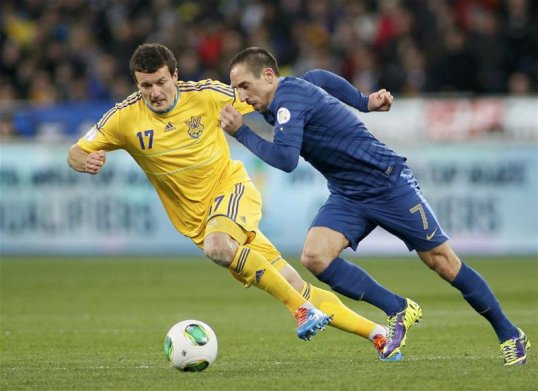 Ukraine and France are goalless at half-time in their World Cup qualifying play-off first leg in Kiev.