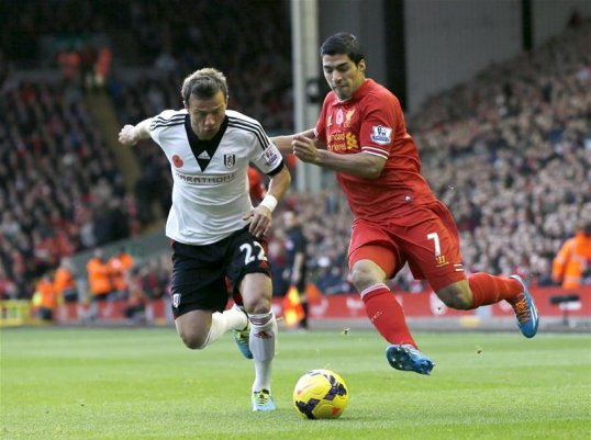 A rampant Liverpool lead Fulham 3-0 at half time in their Premier League match at Anfield this afternoon.