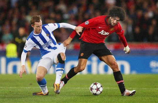 Real Sociedad and Manchester United have gone in level at half time in their Champions League Group A clash at the Anoeta Stadium.