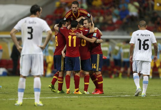 Goals from Pedro and Roberto Soldado gave Spain a comfortable lead to take into half-time against Uruguay in their Confederations Cup clash this evening.