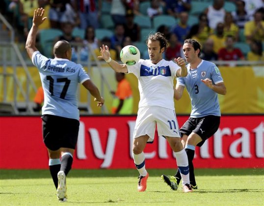 Davide Astori scored his first ever international goal as Italy went in at half-time with a 1-0 lead over Uruguay in the Confederations Cup third place play-off.