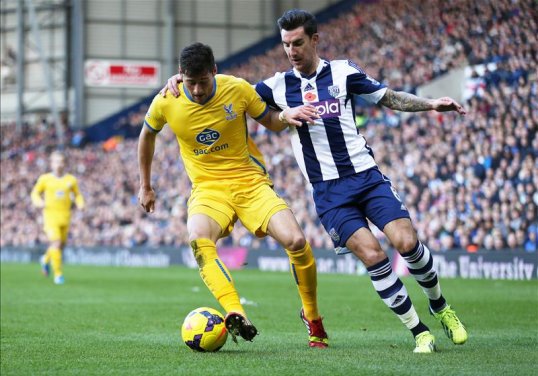 West Bromwich Albion lead Crystal Palace 1-0 at half time in their Premier League match at the Hawthorns.
