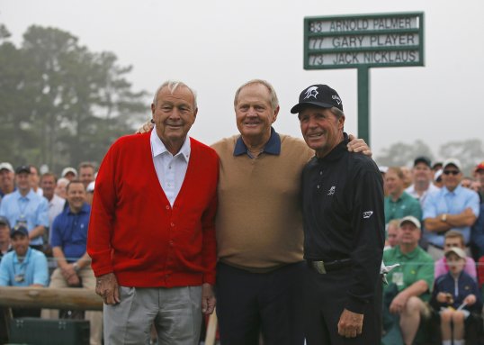 Golfing legends Jack Nicklaus, Arnold Palmer and Gary Player hit the ceremonial first shots to get the Masters underway on Thursday morning.