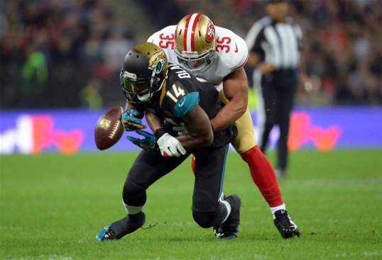 The San Francisco 49ers lead the Jacksonville Jaguars 28-3 at the end of the first half of their game at Wembley Stadium.