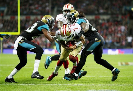 The San Francisco 49ers lead the Jacksonville Jaguars 35-10 at the end of the third quarter of their game at Wembley Stadium.