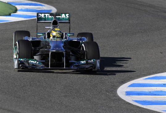 Nico Rosberg set the pace in his Mercedes on the first day of Formula 1 testing in Barcelona.