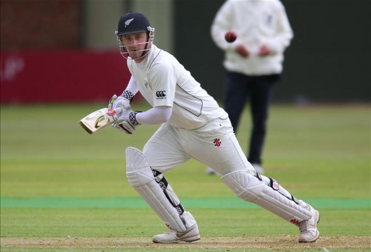 New Zealand opener Hamish Rutherford hit an unbeaten century in a washed-out opening day against England Lions at Grace Road.