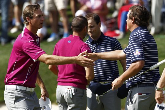 Sergio García and Luke Donald win 1 up.