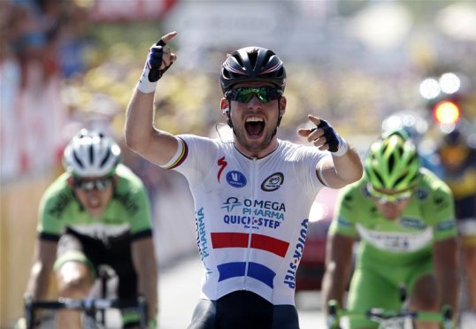 Mark Cavendish claimed victory at stage 13 of the Tour de France as the race for the yellow jersey was blown wide open by dramatic crosswinds.