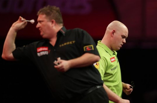 Reigning champion Adrian Lewis has been knocked out of the World Darts Championship after losing to Michael van Gerwen.