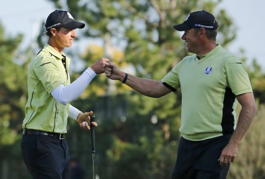 Lee Westwood and Nicolas Colsaerts earned Euprope’s only point of a bruising Friday afternoon fourball session of the Ryder Cup.