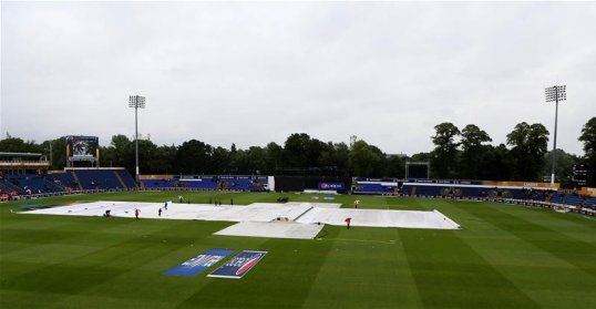 West Indies won the toss and elected to bowl first in their rain delayed Champions League clash with South Africa in Cardiff.